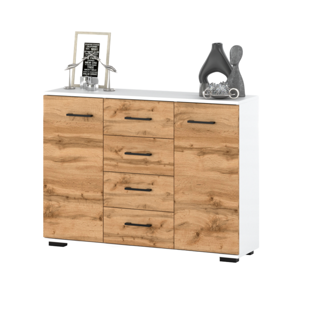 MARK - Chest of 4 Drawers and 2 Doors - Bedroom Dresser Storage Cabinet Sideboard - White Matt / Wotan Oak H33 1/2" W47 1/4" D13 3/4"