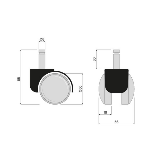 Furniture plastic swivel wheel with mounting pin 5/16 inch and sleeve - Ø1-15/16 inch