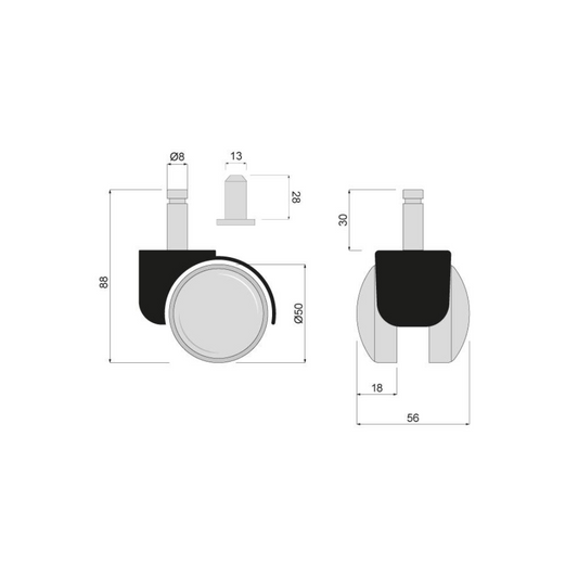Furniture plastic swivel wheel with mounting pin Ø1-15/16 inch