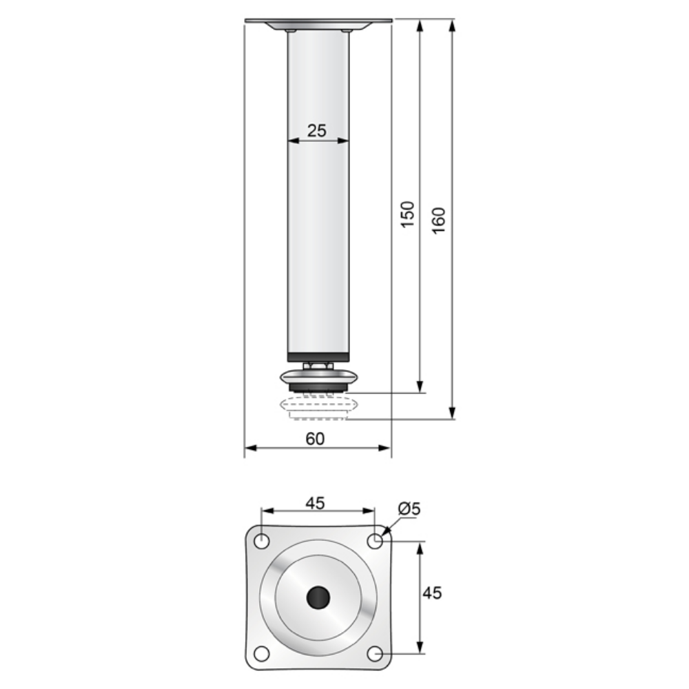 Square Furniture Leg 1x1 inch - H 5-7/8 inch Chrome