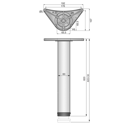 Adjustable Furniture Leg 32-5/16 inch - ZnAl Mounting Plate - Aluminium