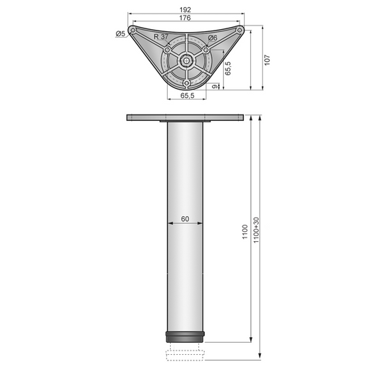 Adjustable Furniture Leg 43-5/16 inch - ZnAl Mounting Plate - Chrome