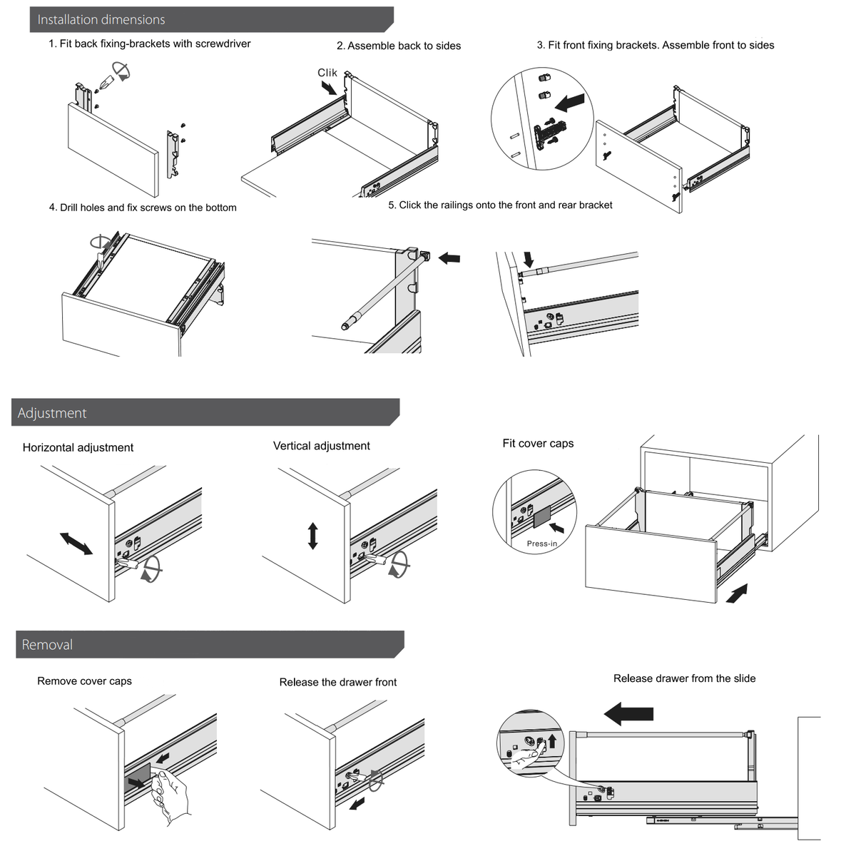 Set of Soft-Close Drawer System, HIGH, H: 7-5/16 inch, Silver (3) – Furnica