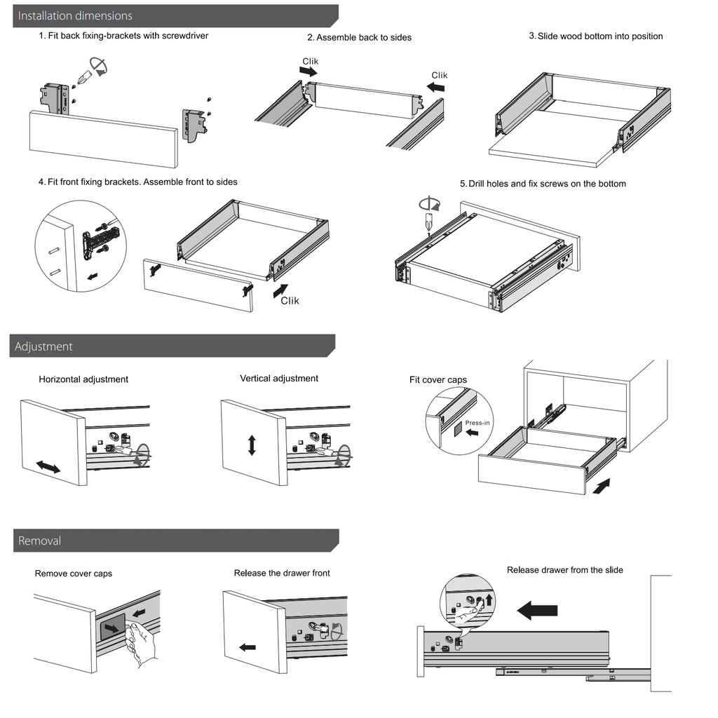 Soft-Close Drawer System, LOW, H: 2-11/16 inch, Silver 20 inch