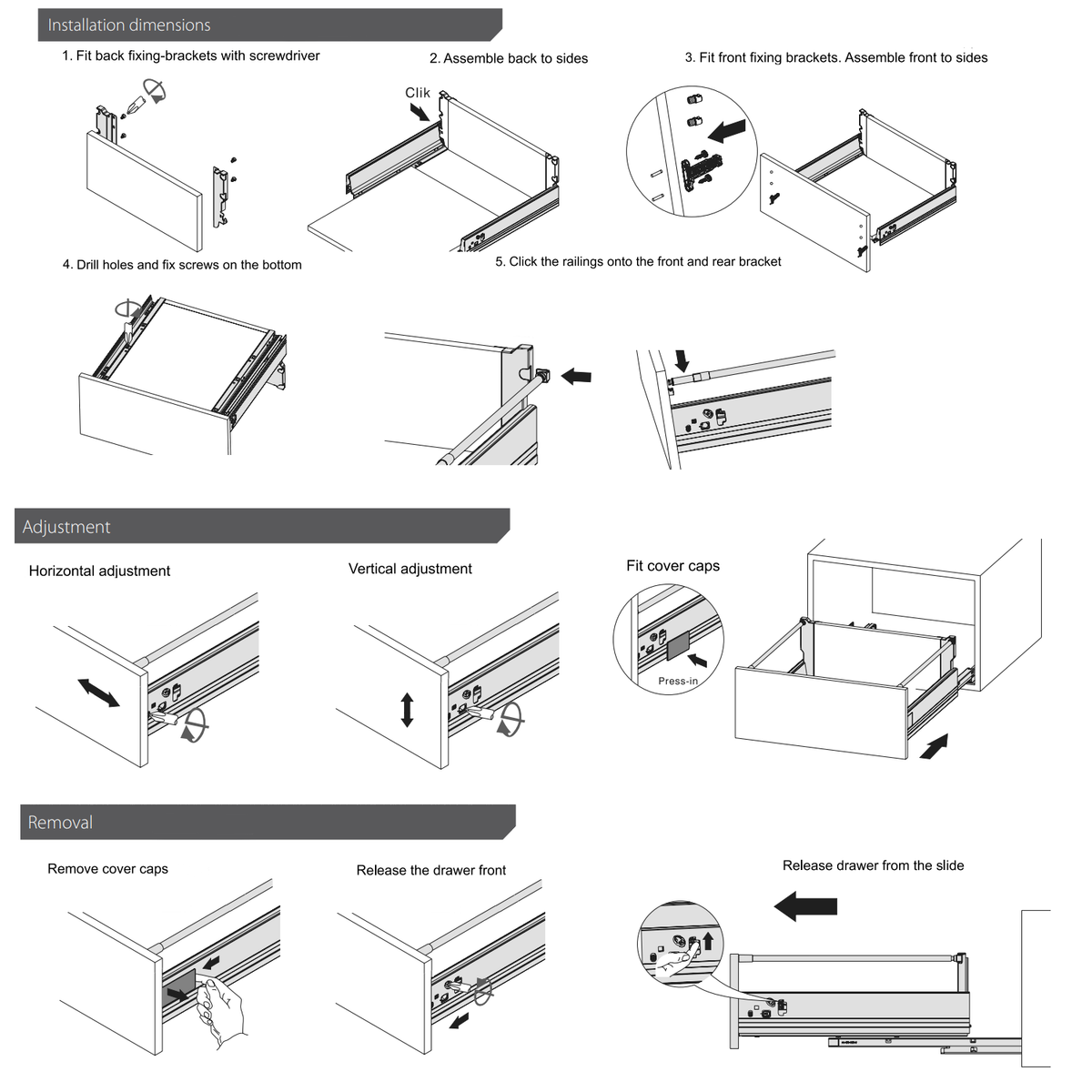 Set of Soft-Close Drawer System, MEDIUM, H: 5-9/16 inch, Silver (3) – Furnica