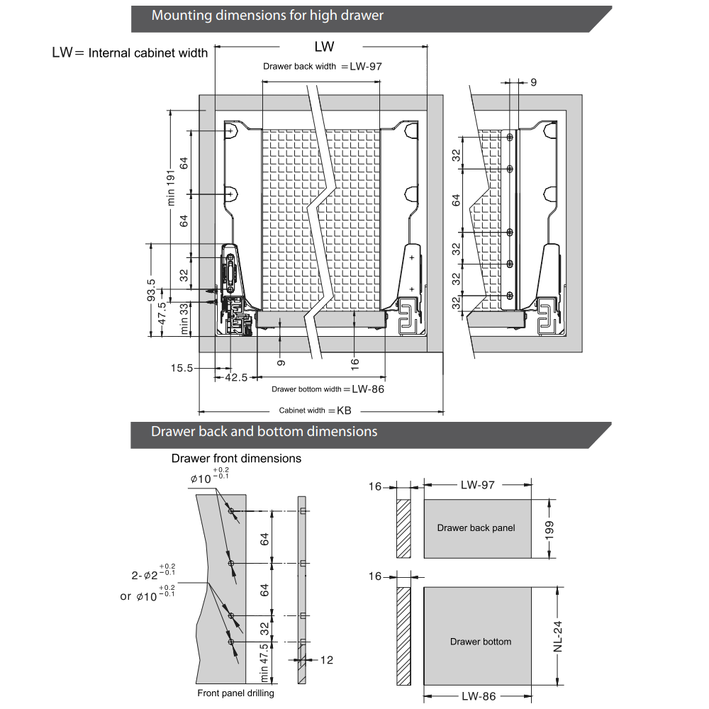 Soft-Close Drawer System, HIGH, H: 7-5/16 inch, White 20 inch