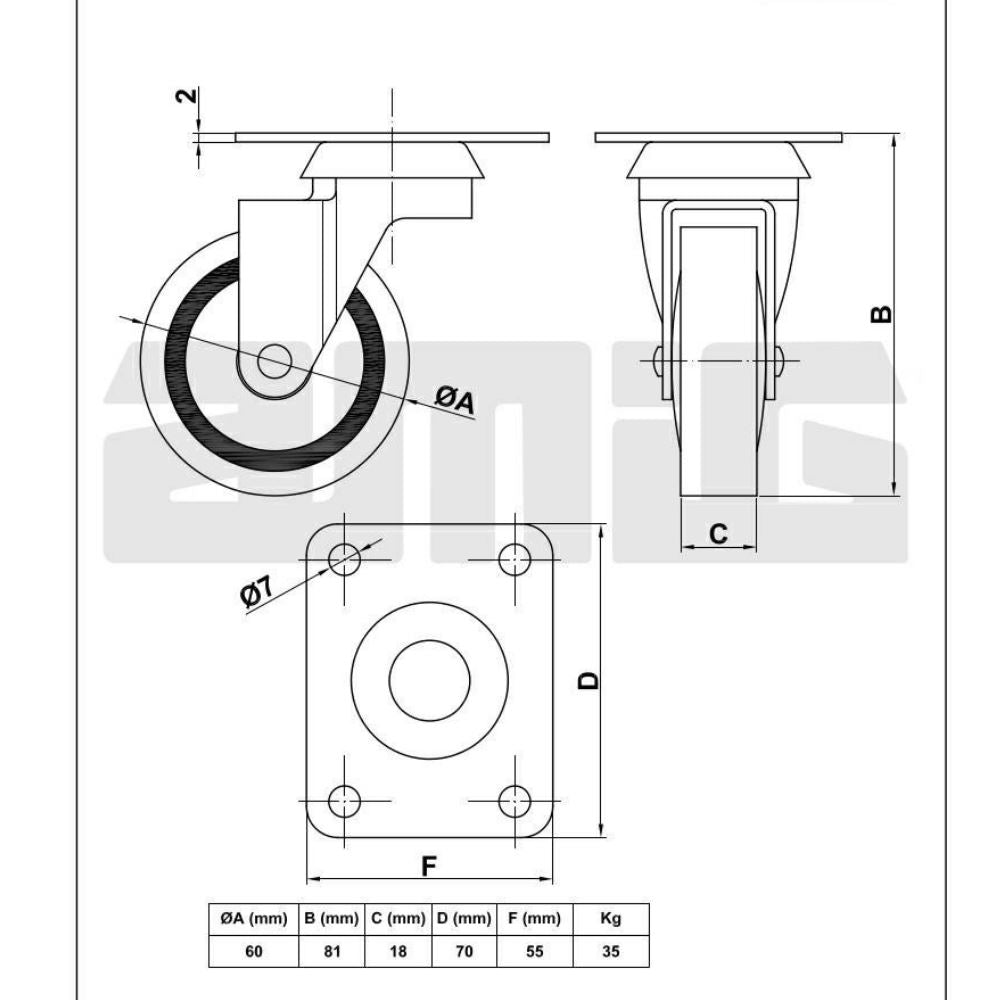 Rubber castor wheel Ø2-3/8 inch Furniture wheels AMIG 