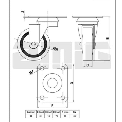 Rubber castor wheel Ø2-3/8 inch Furniture wheels AMIG 