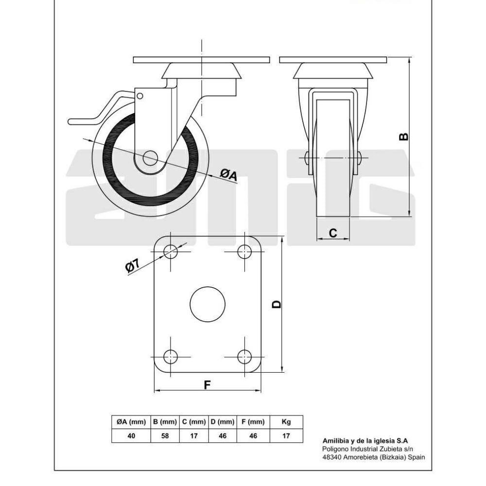 Rubber castor wheel with brake Ø1-9/16 inch Furniture wheels AMIG 