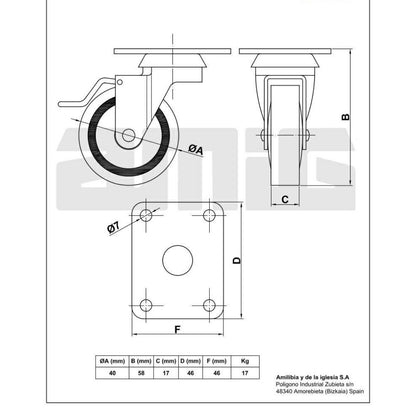 Rubber castor wheel with brake Ø1-9/16 inch Furniture wheels AMIG 