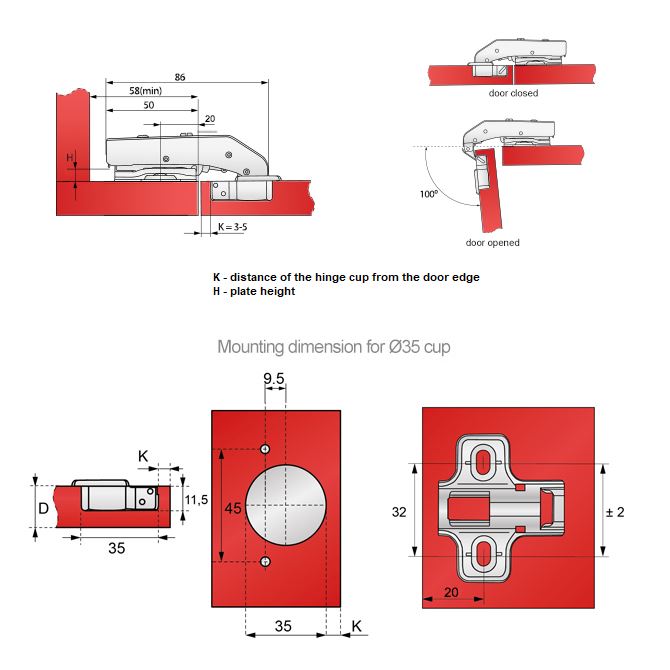 Soft-Close Hinge, H2 Mounting Plate with EURO Screws, Parallel Doors Soft Close Furnica 