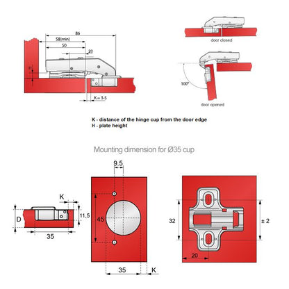 Soft-Close Hinge, H2 Mounting Plate with EURO Screws, Parallel Doors Soft Close Furnica 