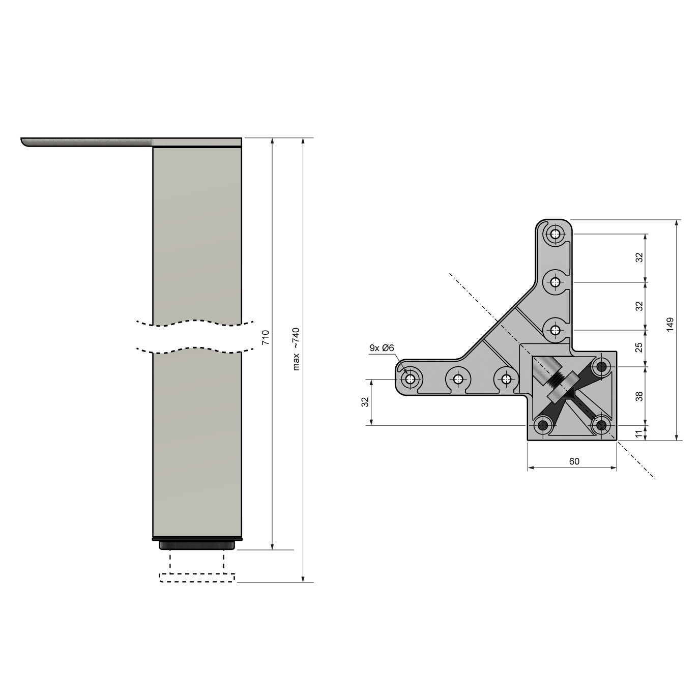 Square Furniture Leg 710mm, Satin, ZnAl Mounting Plate Furnica 