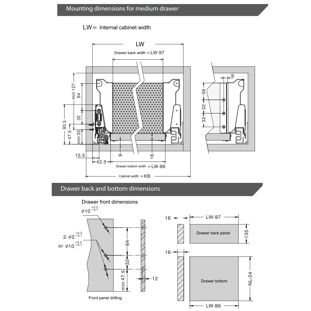 Soft-Close Drawer System, MEDIUM, H: 5-9/16 inch, Silver 16 inch
