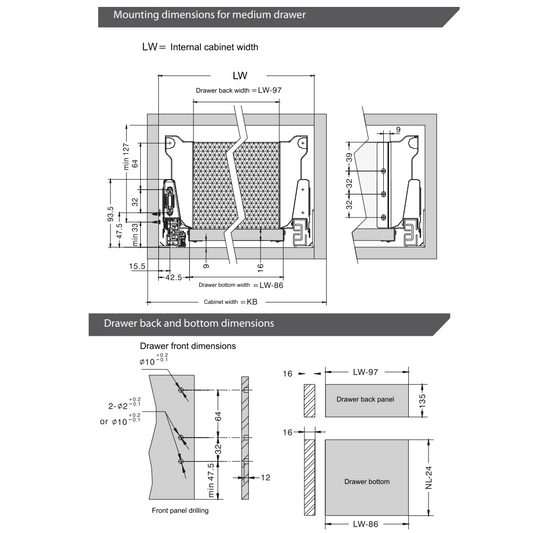 Soft-Close Drawer System, MEDIUM, H: 5-9/16 inch, Silver 10-5/8 inch