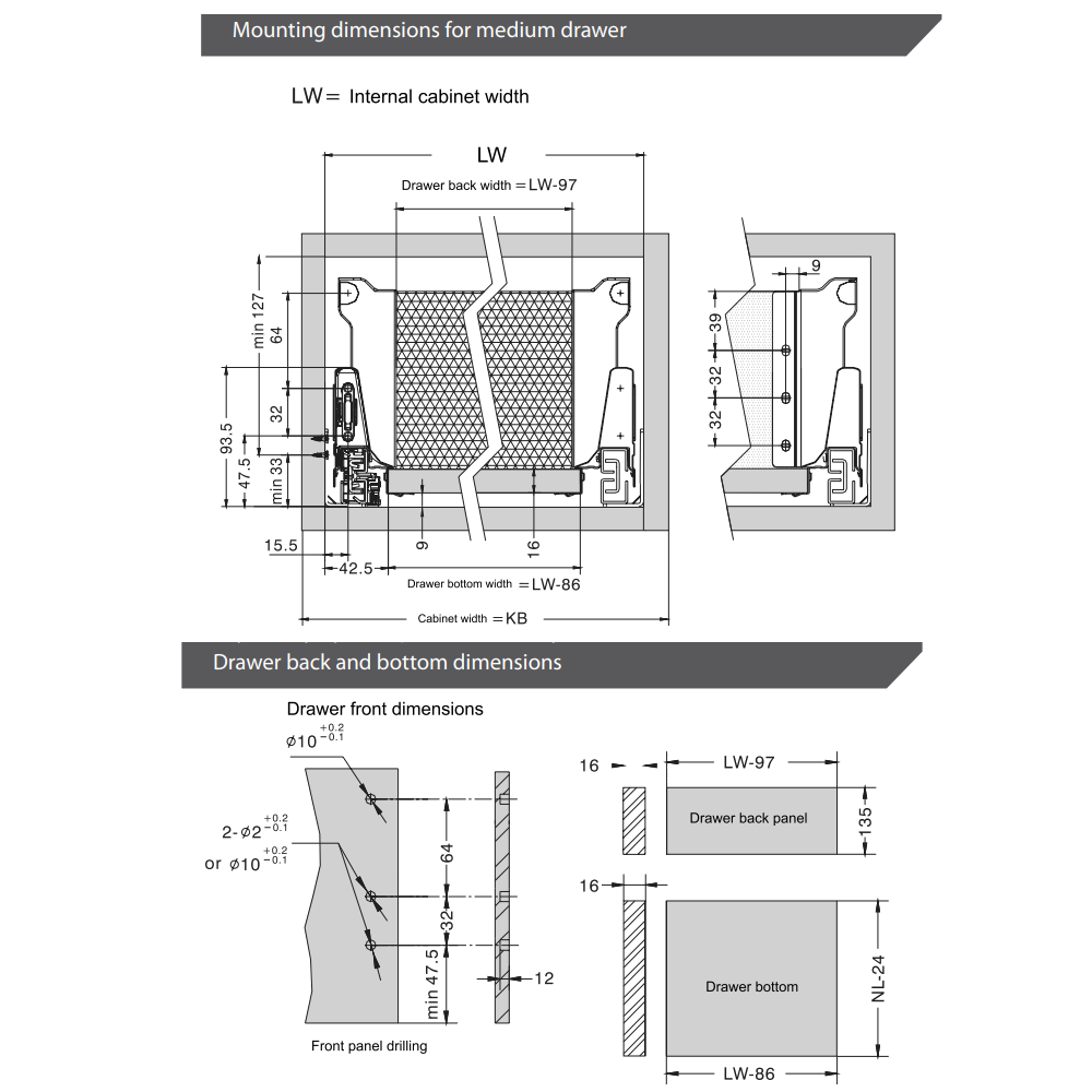 Soft-Close Drawer System, MEDIUM, H: 5-9/16 inch, Silver 10-5/8 inch