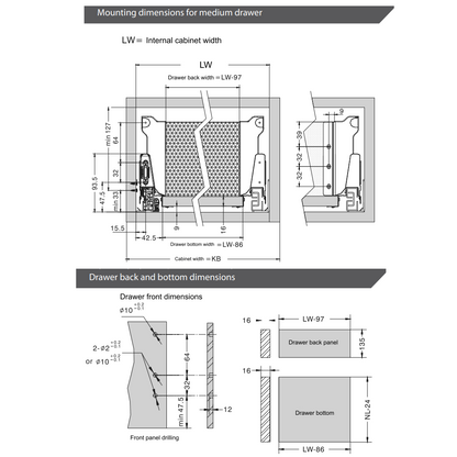 Soft-Close Drawer System, MEDIUM, H: 5-9/16 inch, White 10-5/8 inch